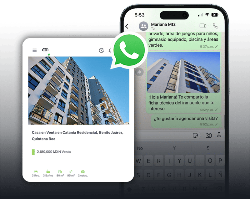 Pantalla de celular mostrando la función de Compartir por Whatsapp de NOCNOK CRM inmobiliario